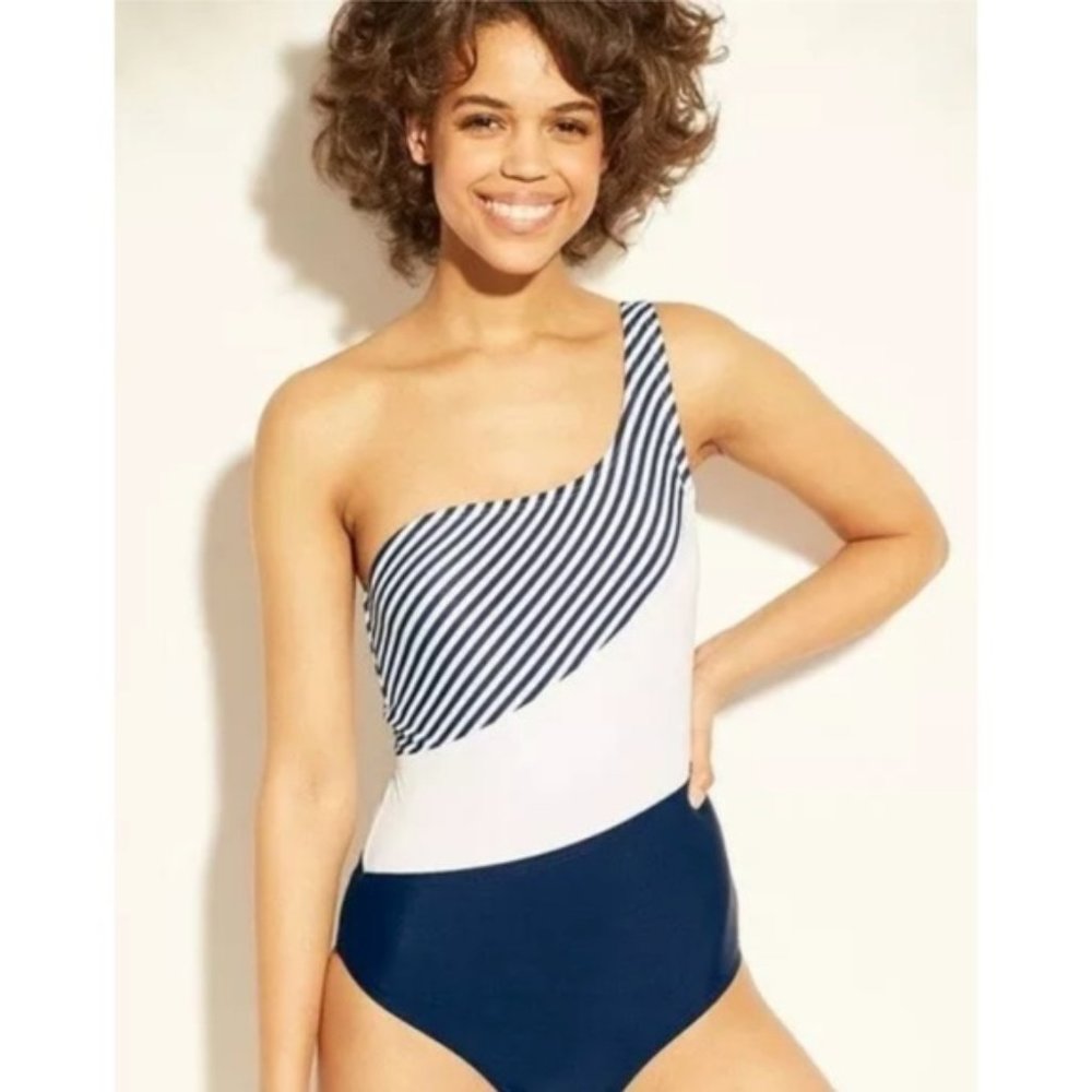 Kona Sol Navy Stripe One Shoulder Swimsuit